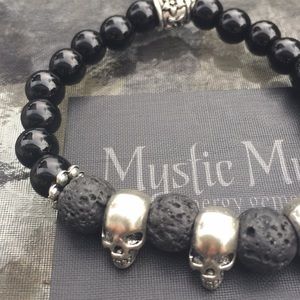 Black Agate & Lava Skull Bracelet 7.5”